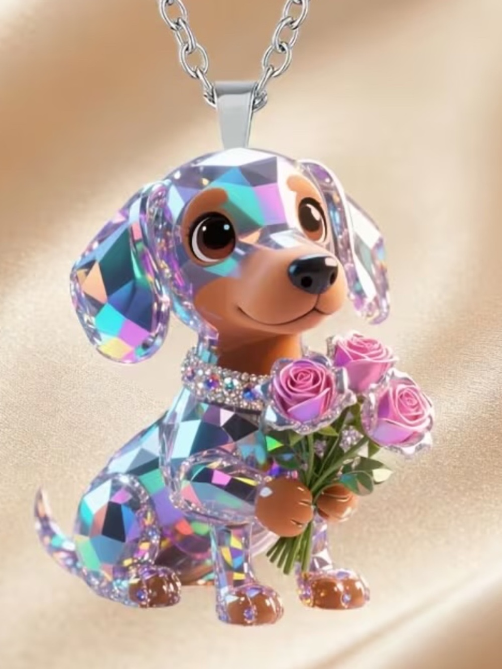 Cute Dachshund Necklace Holographic Puppy with Roses Silver Tone Pendant